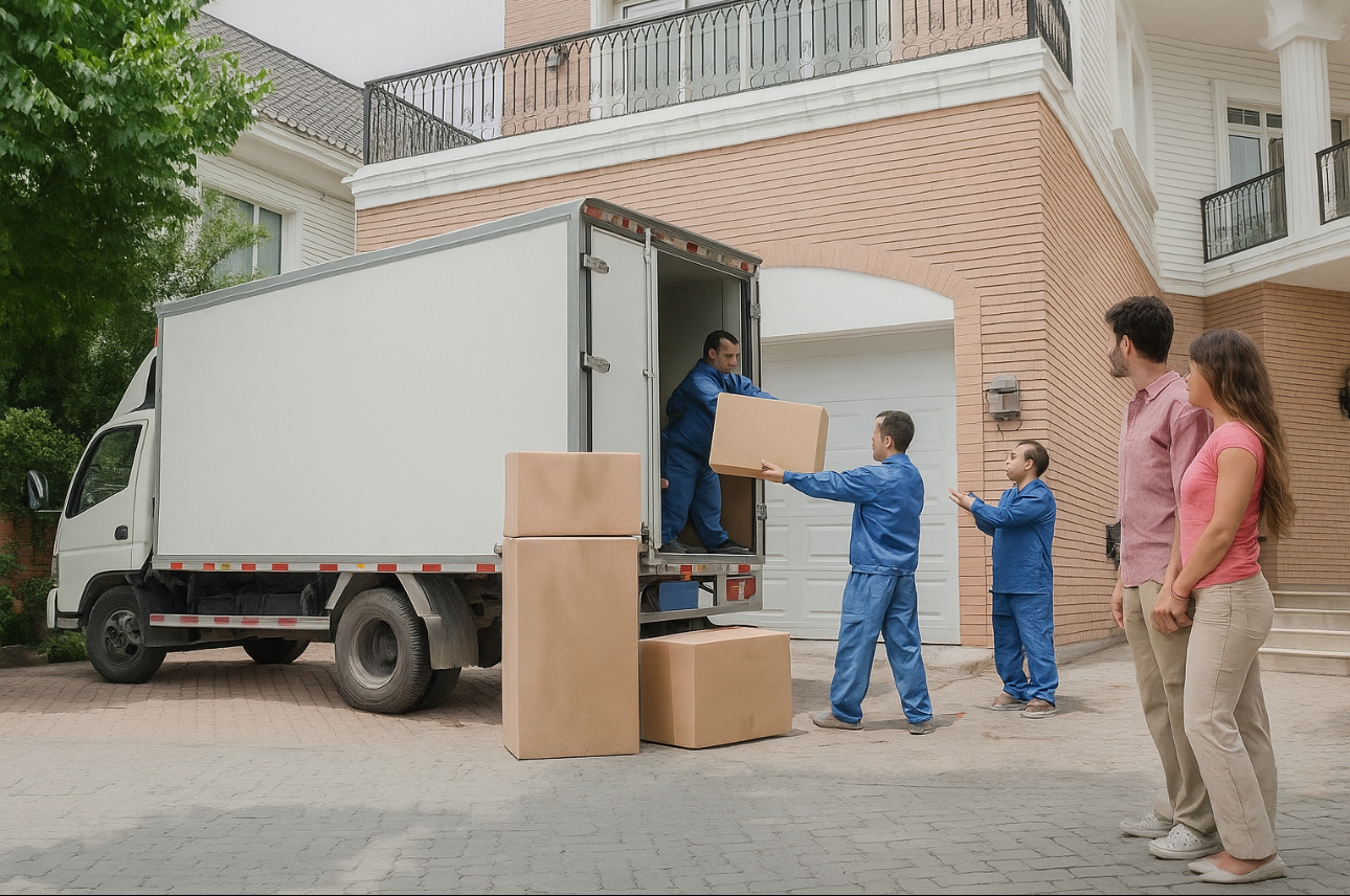 Грузовик и семья во время переезда
